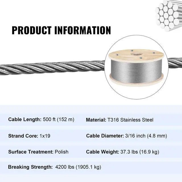 Alt view image 7 of 7 - 316 Stainless Steel Wire Rope 500ft Length, Steel Wire Cable 3/16 Inch, Steel Cable Railing Decking With 1x19 Strands Construction, 4700lbs Breaking Strength For Stair, Handrail, Clothesline