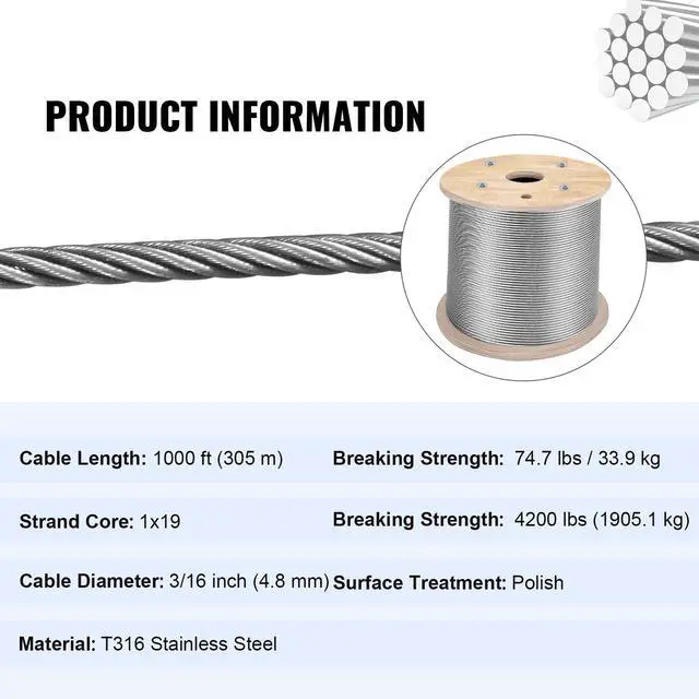 Alt view image 7 of 7 - Stainless Steel Cable 3/16\"x 1000ft, T316 Marine Grade Deck Cable Railing, 1x19 Strands Construction Braided Aircraft Cable for Deck Rail String Lights Hanging Porch Fence DIY Baluster