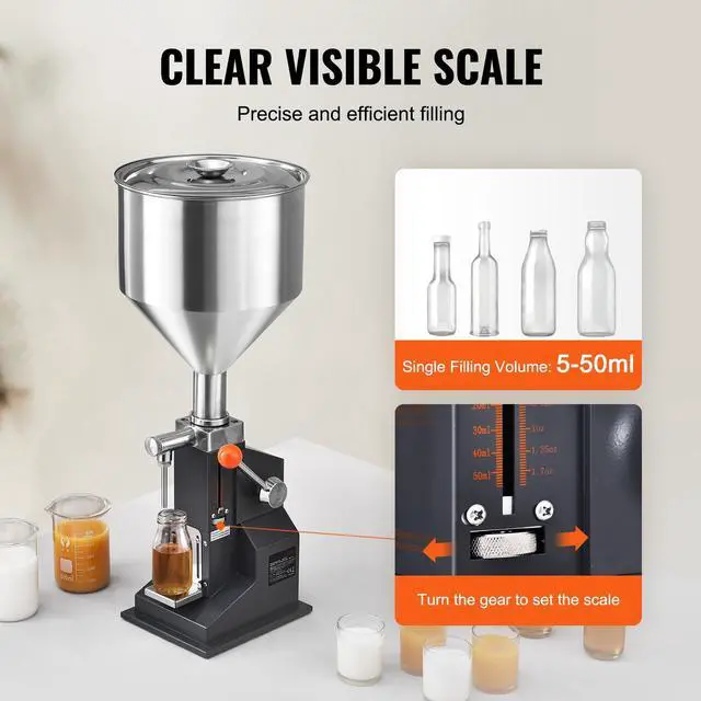 Alt view image 10 of 14 - VEVOR Manual Paste Liquid Filling Machine, 5-50ml Bottle Filler, Adjustable Bottle Filling Machine, Stainless Steel Liquid Filler with Hopper for Milk Water Juice Essential Oil Shampoo Cosmetic Honey