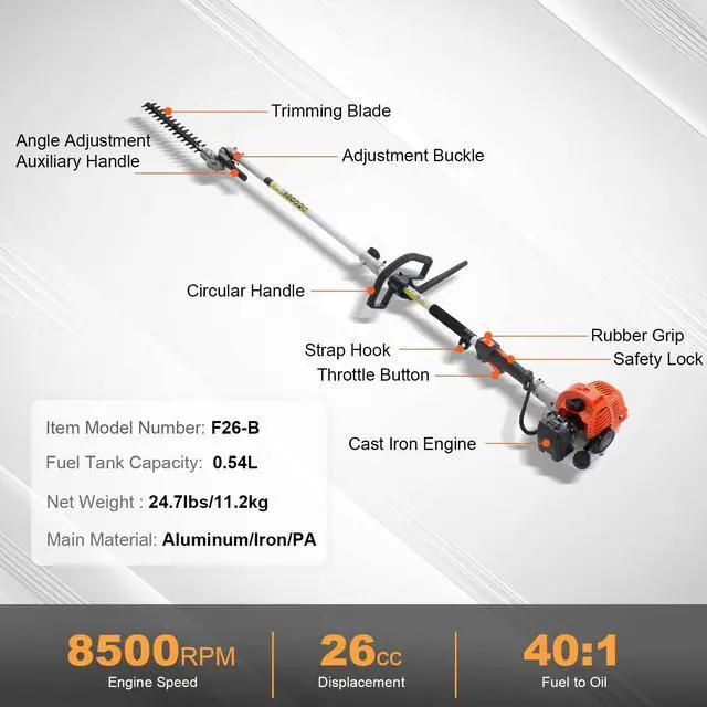 Alt view image 14 of 14 - VEVOR 15.7-inch 26CC 2 Cycle Gas Hedge Trimmer, Gas Powered Pole Hedge Trimmer with Dual Sided Dual Action Blade, 270° Adjustable Trimmer Head, Suitable for Trimming Shrubs, Bushes