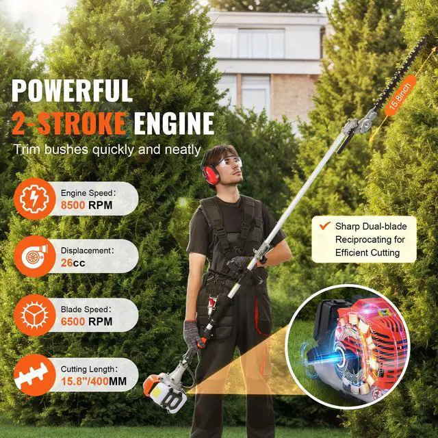 Alt view image 9 of 14 - VEVOR 15.7-inch 26CC 2 Cycle Gas Hedge Trimmer, Gas Powered Pole Hedge Trimmer with Dual Sided Dual Action Blade, 270° Adjustable Trimmer Head, Suitable for Trimming Shrubs, Bushes