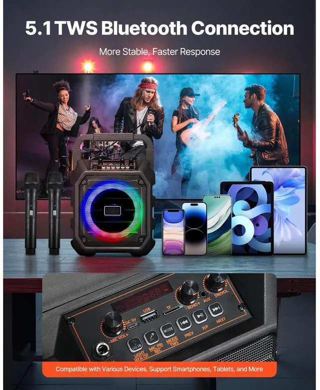 Alt view image 11 of 14 - Karaoke Machine for Adults 6.5 in Portable Bluetooth Speaker with 2 Wireless Mic