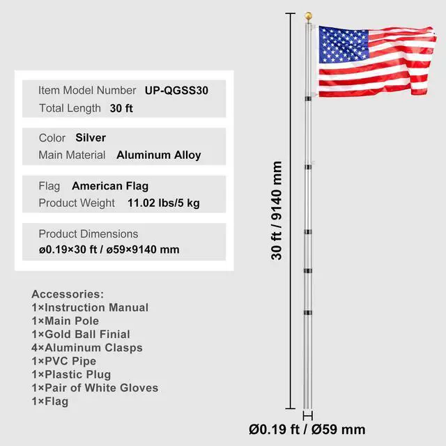 Alt view image 14 of 14 - VEVOR 30FT Telescoping Flag pole Kit, Heavy Duty Aluminum Alloy in Ground Flag Poles for Outside, 3 Display Modes Flagpole with 3x5 American Flag, Professional Accessories, Silver