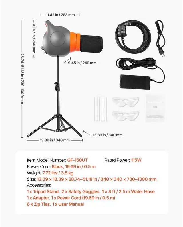 Alt view image 8 of 8 - VEVOR Foam Machine, 115 W Party Foam Cannon, Portable Foam Maker with a Tripod Stand, Powerful Foam Party Machine, for Backyard, Pool, Outdoor Events, Birthdays, Celebrations and Party, Grey & Orange