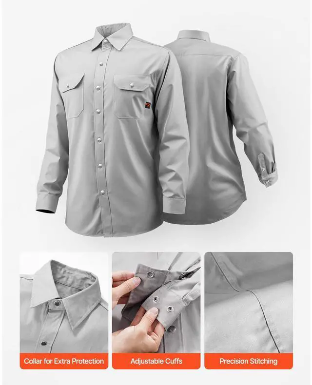 Alt view image 6 of 8 - VEVOR FR Shirts for Men, 7oz. Flame Resistant Welding Jacket, Machine Washable Cotton Heat-Resistant Welding Shirt, Meets ATPV 9.2 Cal/cm² Arc Rating - XL Size