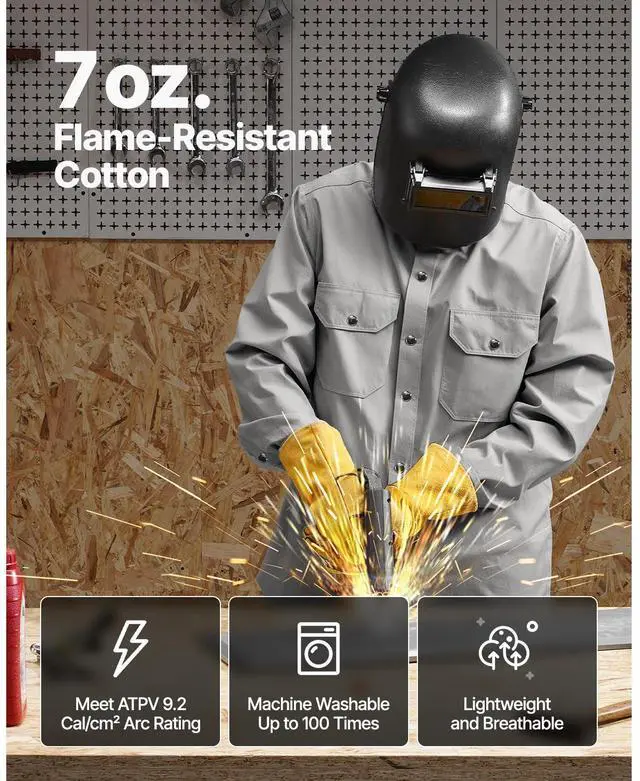 Alt view image 3 of 8 - VEVOR FR Shirts for Men, 7oz. Flame Resistant Welding Jacket, Machine Washable Cotton Heat-Resistant Welding Shirt, Meets ATPV 9.2 Cal/cm² Arc Rating - XL Size