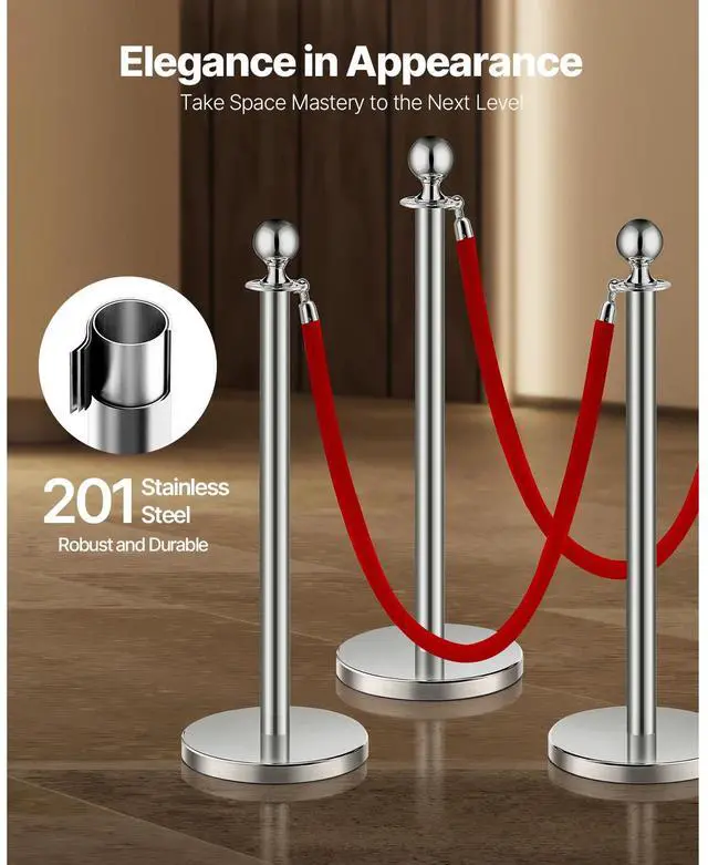 Alt view image 4 of 9 - VEVOR Stanchions and Velvet Ropes 6Pcs, Hollow Base with Stainless Steel Post, 3 Red Velvet Ropes and Posts, Crowd Control Barriers Silver Stanchions, Red Carpet Runner Poles for Party Supplies