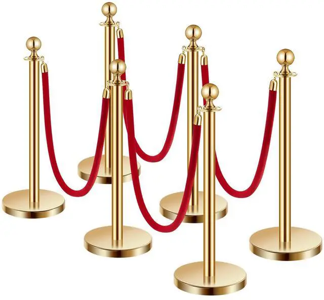 Alt view image 2 of 8 - VEVOR Stanchions and Velvet Ropes 6Pcs, Hollow Base with Stainless Steel Post, 4 Red Velvet Ropes and Posts, Crowd Control Barriers Gold Stanchions, Red Carpet Runner Poles for Party Supplies