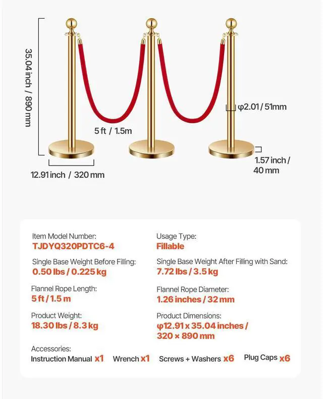 Alt view image 8 of 8 - VEVOR Stanchions and Velvet Ropes 6Pcs, Hollow Base with Stainless Steel Post, 4 Red Velvet Ropes and Posts, Crowd Control Barriers Gold Stanchions, Red Carpet Runner Poles for Party Supplies