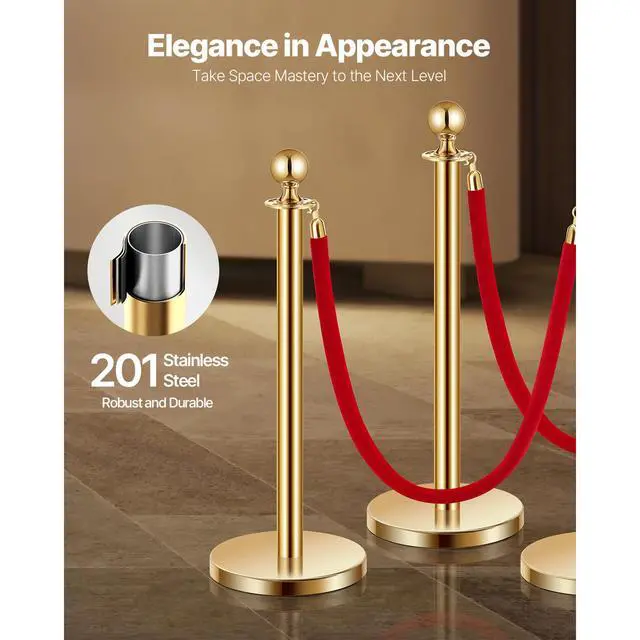 Alt view image 3 of 8 - VEVOR Stanchions and Velvet Ropes 6Pcs, Hollow Base with Stainless Steel Post, 4 Red Velvet Ropes and Posts, Crowd Control Barriers Gold Stanchions, Red Carpet Runner Poles for Party Supplies