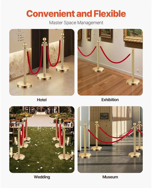 Alt view image 6 of 8 - VEVOR Stanchions and Velvet Ropes 6Pcs, Hollow Base with Stainless Steel Post, 4 Red Velvet Ropes and Posts, Crowd Control Barriers Gold Stanchions, Red Carpet Runner Poles for Party Supplies