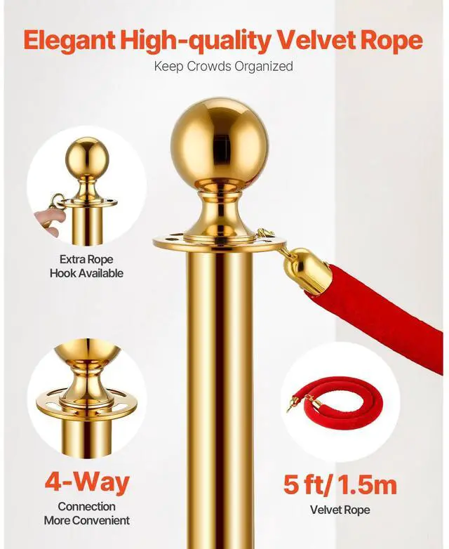 Alt view image 7 of 8 - VEVOR Stanchions and Velvet Ropes 6Pcs, Hollow Base with Stainless Steel Post, 4 Red Velvet Ropes and Posts, Crowd Control Barriers Gold Stanchions, Red Carpet Runner Poles for Party Supplies
