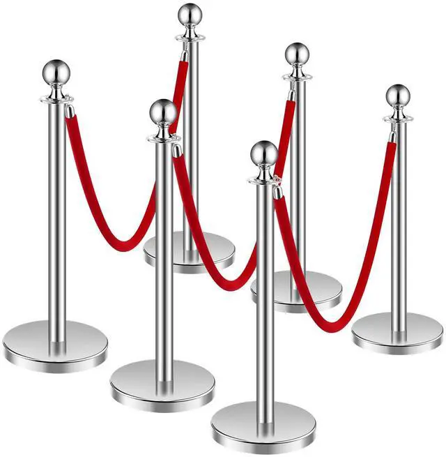 Alt view image 3 of 9 - VEVOR Stanchions and Velvet Ropes 6Pcs, Hollow Base with Stainless Steel Post, 3 Red Velvet Ropes and Posts, Crowd Control Barriers Silver Stanchions, Red Carpet Runner Poles for Party Supplies