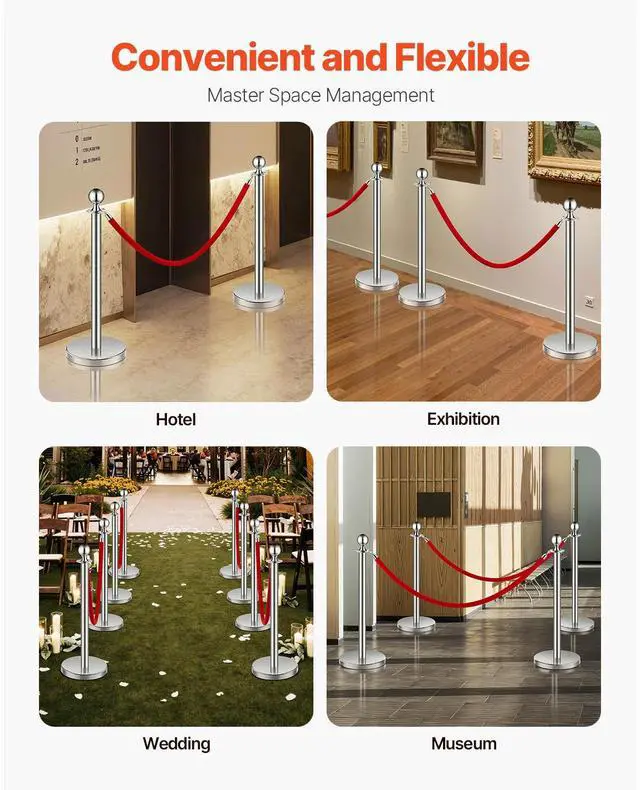 Alt view image 7 of 9 - VEVOR Stanchions and Velvet Ropes 6Pcs, Hollow Base with Stainless Steel Post, 3 Red Velvet Ropes and Posts, Crowd Control Barriers Silver Stanchions, Red Carpet Runner Poles for Party Supplies