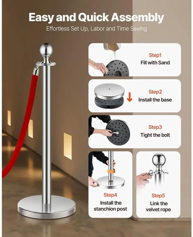 Alt view image 6 of 9 - VEVOR Stanchions and Velvet Ropes 6Pcs, Hollow Base with Stainless Steel Post, 3 Red Velvet Ropes and Posts, Crowd Control Barriers Silver Stanchions, Red Carpet Runner Poles for Party Supplies