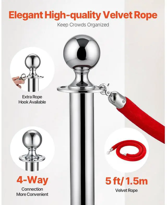 Alt view image 8 of 9 - VEVOR Stanchions and Velvet Ropes 6Pcs, Hollow Base with Stainless Steel Post, 3 Red Velvet Ropes and Posts, Crowd Control Barriers Silver Stanchions, Red Carpet Runner Poles for Party Supplies