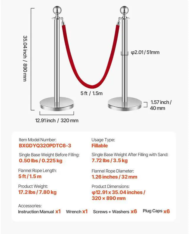 Alt view image 9 of 9 - VEVOR Stanchions and Velvet Ropes 6Pcs, Hollow Base with Stainless Steel Post, 3 Red Velvet Ropes and Posts, Crowd Control Barriers Silver Stanchions, Red Carpet Runner Poles for Party Supplies