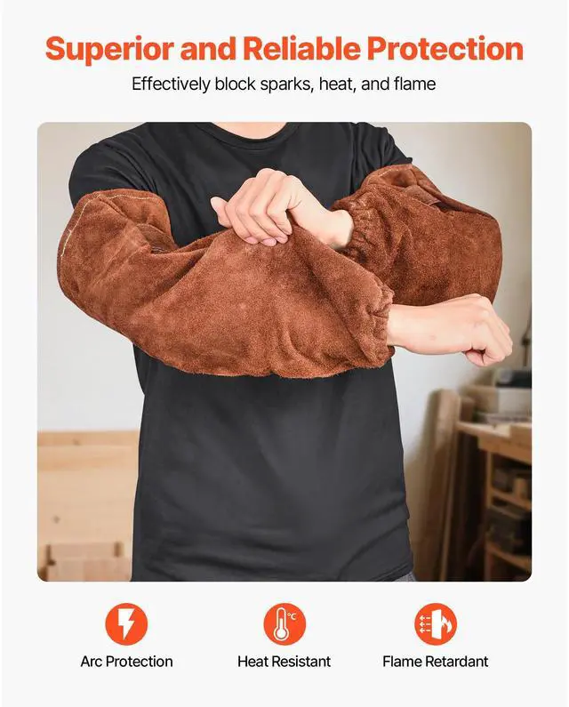 Alt view image 11 of 14 - VEVOR Leather Welding Sleeves Heavy Duty Cowhide Flame Resistant Work Sleeves