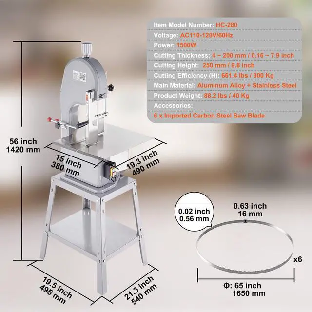 Alt view image 14 of 14 - VEVOR Commercial Electric Meat Bandsaw, 1500W Stainless Steel Vertical Bone Sawing Machine, Workbeach 19.3" x 15", 0.16-7.9 Inch Cutting Thickness, Frozen Meat Cutter with 6 Blades for Rib Pork Beef