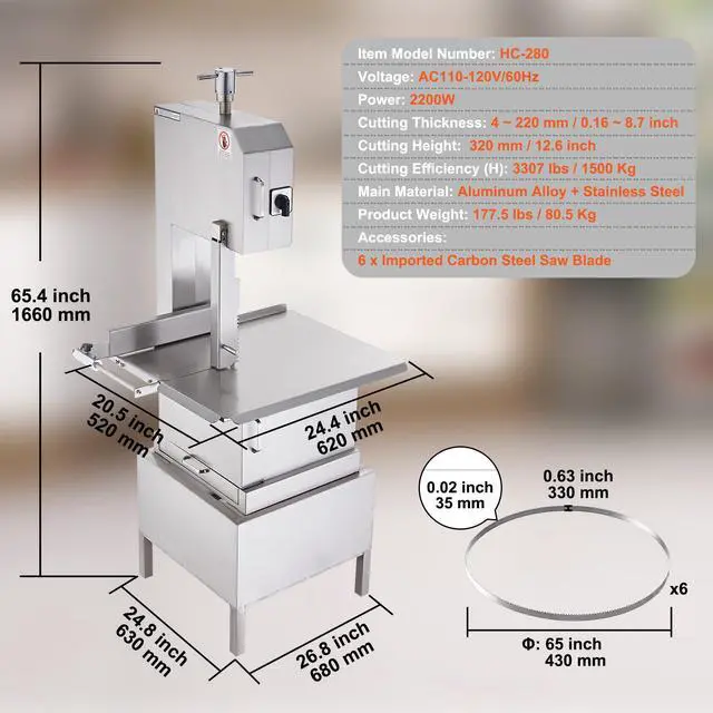Alt view image 8 of 8 - VEVOR Commercial Electric Meat Bandsaw, 2200W Stainless Steel Vertical Bone Sawing Machine, Workbeach 24.4" x 20.5", 0.16-8.7 Inch Cutting Thickness, Frozen Meat Cutter with 6 Blades for Rib Pork Beef