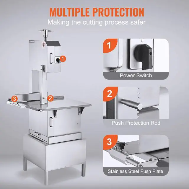 Alt view image 7 of 8 - VEVOR Commercial Electric Meat Bandsaw, 2200W Stainless Steel Vertical Bone Sawing Machine, Workbeach 24.4" x 20.5", 0.16-8.7 Inch Cutting Thickness, Frozen Meat Cutter with 6 Blades for Rib Pork Beef