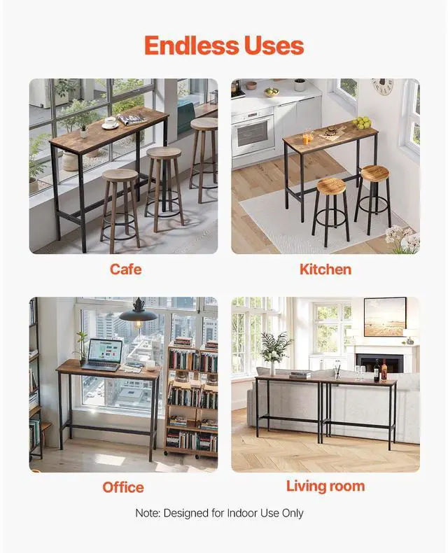 Alt view image 8 of 8 - VEVOR Bar Table, Sturdy Metal Frame High Top Pub Table, Narrow Long Kitchen Dining, Cocktail Counter Bar Height Desk, Easy to Assemble,39x16x35.5 in, for Living Room Party, Rustic Brown and Black