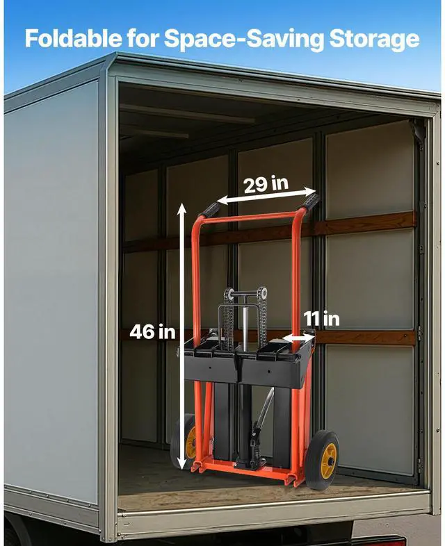Alt view image 7 of 8 - VEVOR Hydraulic Material Lift Winch Stacker, 450 lbs Load Capacity, Pallet Truck Dolly with Fork Lift Table, 35.8 Inches Max Lifting Height, Foldable & Portable Pallet Jack Table Cart, Yellow & Black