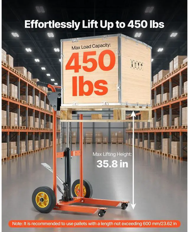 Alt view image 3 of 8 - VEVOR Hydraulic Material Lift Winch Stacker, 450 lbs Load Capacity, Pallet Truck Dolly with Fork Lift Table, 35.8 Inches Max Lifting Height, Foldable & Portable Pallet Jack Table Cart, Yellow & Black