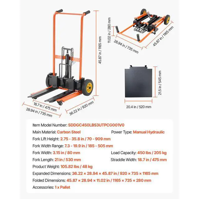 Alt view image 8 of 8 - VEVOR Hydraulic Material Lift Winch Stacker, 450 lbs Load Capacity, Pallet Truck Dolly with Fork Lift Table, 35.8 Inches Max Lifting Height, Foldable & Portable Pallet Jack Table Cart, Yellow & Black