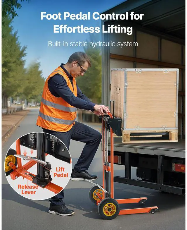 Alt view image 5 of 8 - VEVOR Hydraulic Material Lift Winch Stacker, 450 lbs Load Capacity, Pallet Truck Dolly with Fork Lift Table, 35.8 Inches Max Lifting Height, Foldable & Portable Pallet Jack Table Cart, Yellow & Black