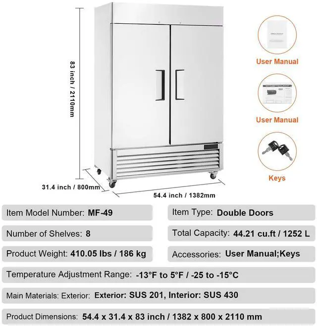 Alt view image 7 of 7 - Commercial Freezer 44.21 Cu.ft, Reach In 54.4" W Upright Freezer 2 Doors, Auto-Defrost Stainless Steel Reach-in Freezer with 8 Adjustable Shelves, -13 to 5 Temp Control, LED Lighting, 4 Wheels