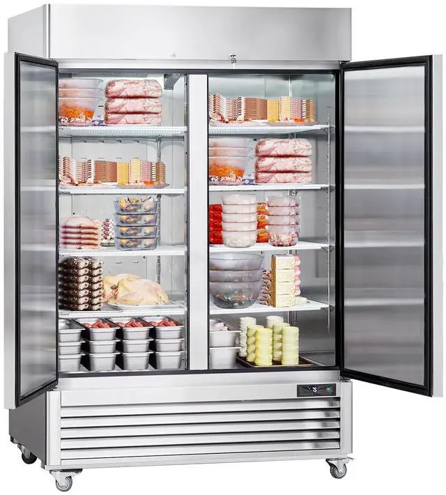 Main image of Commercial Freezer 44.21 Cu.ft, Reach In 54.4" W Upright Freezer 2 Doors, Auto-Defrost Stainless Steel Reach-in Freezer with 8 Adjustable Shelves, -13 to 5 Temp Control, LED Lighting, 4 Wheels