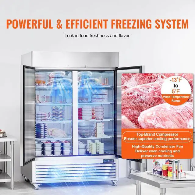 Alt view image 2 of 7 - Commercial Freezer 44.21 Cu.ft, Reach In 54.4" W Upright Freezer 2 Doors, Auto-Defrost Stainless Steel Reach-in Freezer with 8 Adjustable Shelves, -13 to 5 Temp Control, LED Lighting, 4 Wheels