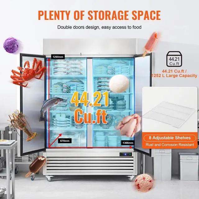 Alt view image 4 of 7 - Commercial Freezer 44.21 Cu.ft, Reach In 54.4" W Upright Freezer 2 Doors, Auto-Defrost Stainless Steel Reach-in Freezer with 8 Adjustable Shelves, -13 to 5 Temp Control, LED Lighting, 4 Wheels