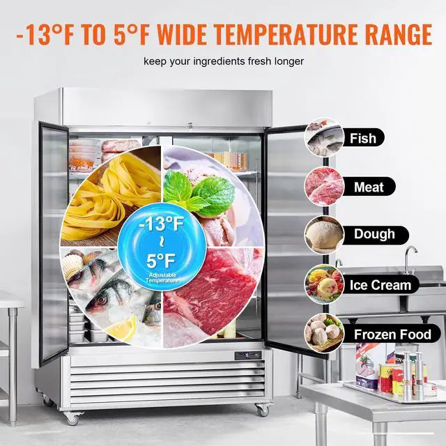 Alt view image 5 of 7 - Commercial Freezer 44.21 Cu.ft, Reach In 54.4" W Upright Freezer 2 Doors, Auto-Defrost Stainless Steel Reach-in Freezer with 8 Adjustable Shelves, -13 to 5 Temp Control, LED Lighting, 4 Wheels