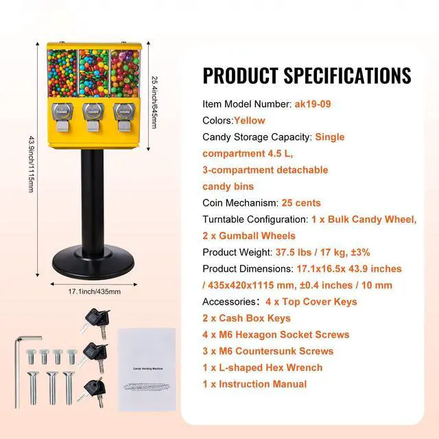 Alt view image 9 of 9 - VEVOR  Gumball Machine Vending Coin Bank Vintage Candy Dispenser Stand Yellow