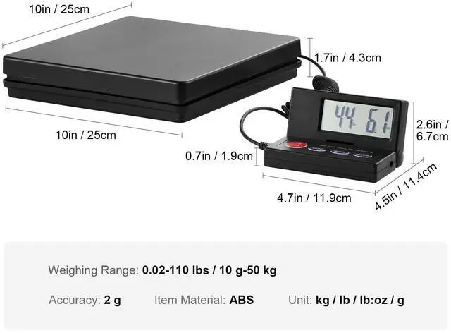 Alt view image 15 of 15 - VEVOR Digital Shipping Scale, 110 lbs x 0.07 oz. Heavy Duty Postal Scale with Timer, Tare, Hold Function, 90 Foldable LCD Screen Package Scale for Laggage, Home, Post Office, AC/DC Powered, FCC Liste