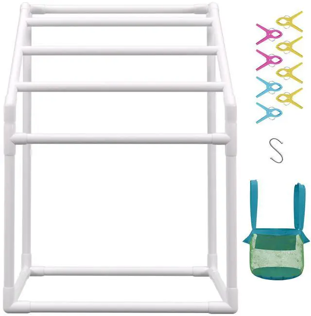Alt view image 4 of 10 - VEVOR Pool Towel Rack, 5 Bar, White, Freestanding Outdoor PVC Trapedozal Poolside Storage Organizer, Include 8 Towel Clips, Mesh Bag, Hook, Also Stores Floats and Paddles, for Beach, Swimming Pool