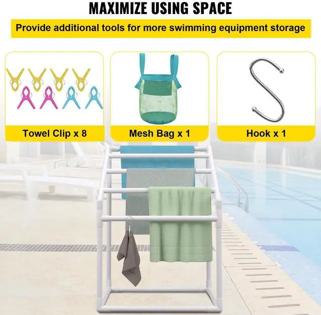 Alt view image 8 of 10 - VEVOR Pool Towel Rack, 5 Bar, White, Freestanding Outdoor PVC Trapedozal Poolside Storage Organizer, Include 8 Towel Clips, Mesh Bag, Hook, Also Stores Floats and Paddles, for Beach, Swimming Pool
