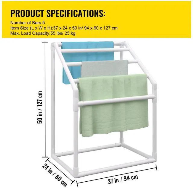 Alt view image 10 of 10 - VEVOR Pool Towel Rack, 5 Bar, White, Freestanding Outdoor PVC Trapedozal Poolside Storage Organizer, Include 8 Towel Clips, Mesh Bag, Hook, Also Stores Floats and Paddles, for Beach, Swimming Pool