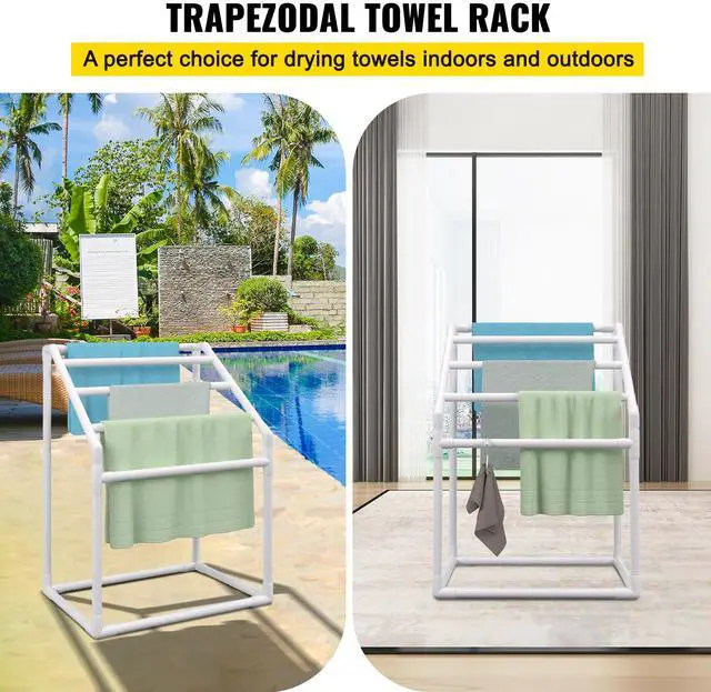 Alt view image 5 of 10 - VEVOR Pool Towel Rack, 5 Bar, White, Freestanding Outdoor PVC Trapedozal Poolside Storage Organizer, Include 8 Towel Clips, Mesh Bag, Hook, Also Stores Floats and Paddles, for Beach, Swimming Pool