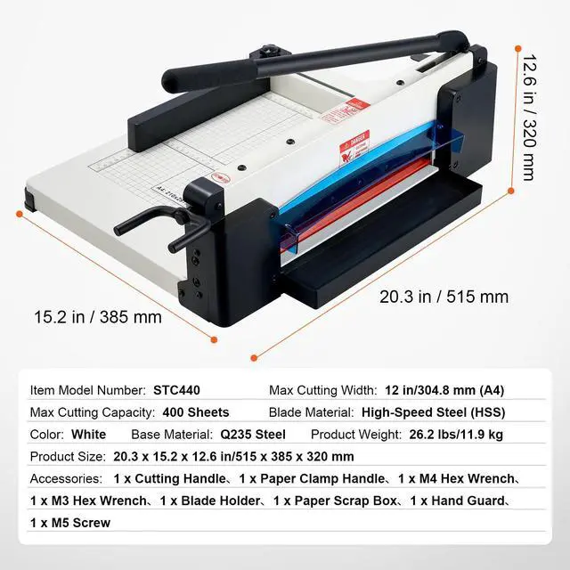 Alt view image 9 of 9 - VEVOR Heavy Duty Paper Cutter, 12" Industrial Commercial Guillotine Paper Cutter for A4 Paper, 400 Sheet Capacity, Solid Steel Construction, Stack Paper Trimmer for Office Home School Shop, White