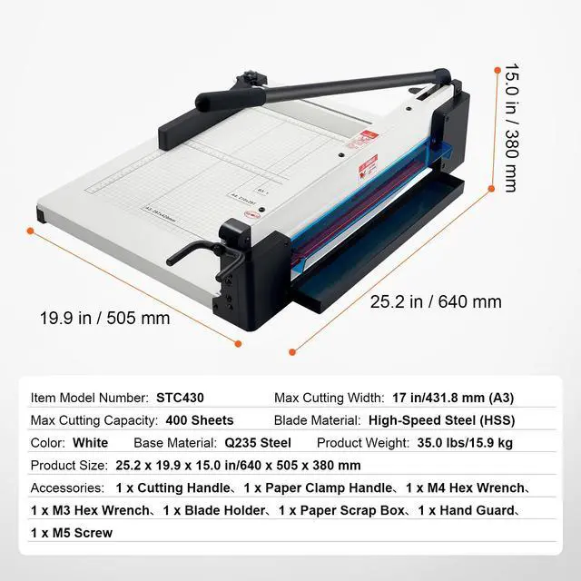 Alt view image 9 of 9 - VEVOR  Heavy Duty Paper Cutter, 17" Industrial Commercial Guillotine Paper Cutter for A3 Paper, 400 Sheet Capacity, Solid Steel Construction, Stack Paper Trimmer for Office Home School Shop, White
