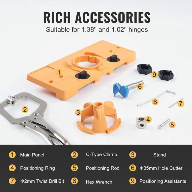 Alt view image 13 of 14 - VEVOR Concealed Hinge Jig, Cabinet Hinge Jig with C-Type Clamp and Accessories, PA66 Nylon and Steel Material, Accurate Hinge Drill Jig Woodworking Tool for Doors Cabinets Hinges Mounting