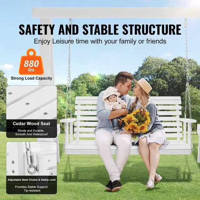 Alt view image 9 of 14 - VEVOR Wooden Porch Swing 4.5 ft, Patio bench swing for Courtyard & Garden, Upgraded 880 lbs Strong Load Capacity, Heavy Duty Swing Chair Bench with Hanging Chains for Outdoors, White