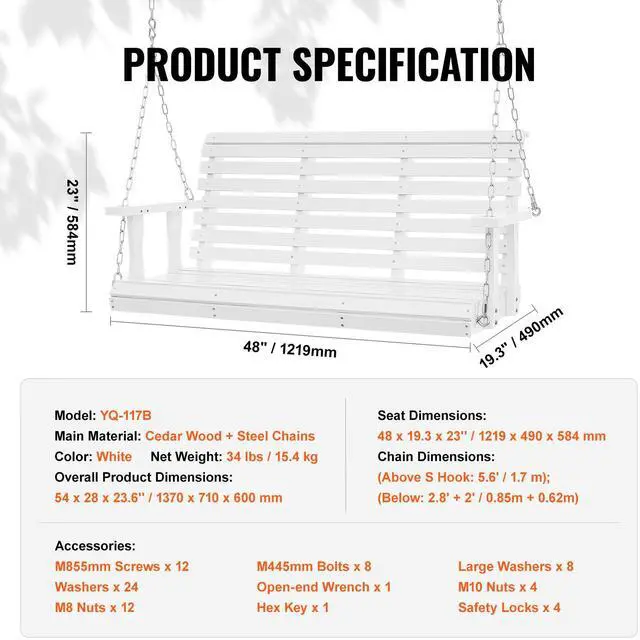 Alt view image 14 of 14 - VEVOR Wooden Porch Swing 4.5 ft, Patio bench swing for Courtyard & Garden, Upgraded 880 lbs Strong Load Capacity, Heavy Duty Swing Chair Bench with Hanging Chains for Outdoors, White