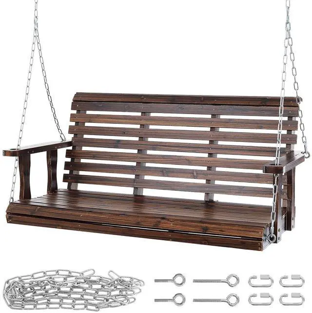 Alt view image 8 of 14 - VEVOR Wooden Porch Swing 4.5 ft, Patio bench swing for Courtyard & Garden, Upgraded 880 lbs Strong Load Capacity, Heavy Duty Swing Chair Bench with Hanging Chains for Outdoors, Carbonized Brown