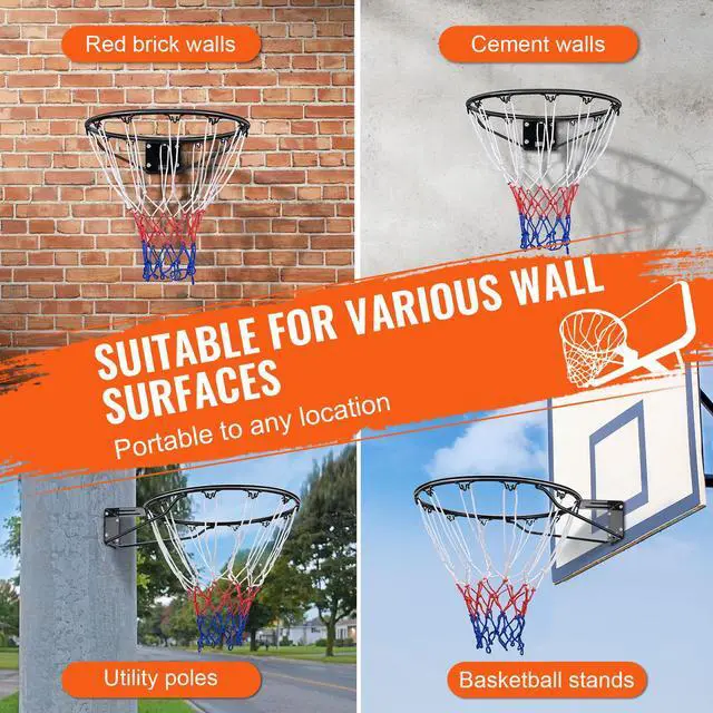Alt view image 8 of 9 - VEVOR Basketball Rim, Wall Door Mounted Basketball Hoop, Heavy Duty Q235 Basketball Flex Rim Goal Replacement with Net and Double Spring, Standard 18" Indoor Outdoor Hanging Hoop for Kids Adults