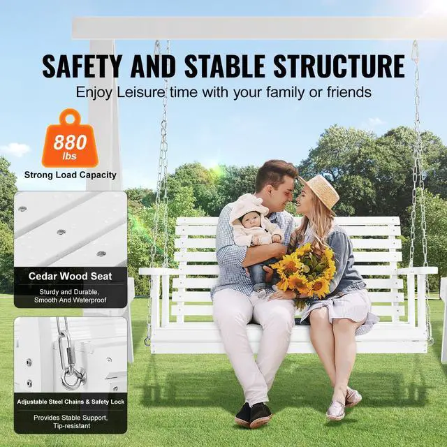 Alt view image 9 of 14 - VEVOR Wooden Porch Swing 4 ft, Patio bench swing for Courtyard & Garden, Upgraded 880 lbs Strong Load Capacity, Heavy Duty Swing Chair Bench with Hanging Chains for Outdoors, White