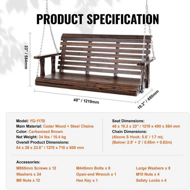 Alt view image 14 of 14 - VEVOR Wooden Porch Swing 4.5 ft, Patio bench swing for Courtyard & Garden, Upgraded 880 lbs Strong Load Capacity, Heavy Duty Swing Chair Bench with Hanging Chains for Outdoors, Carbonized Brown